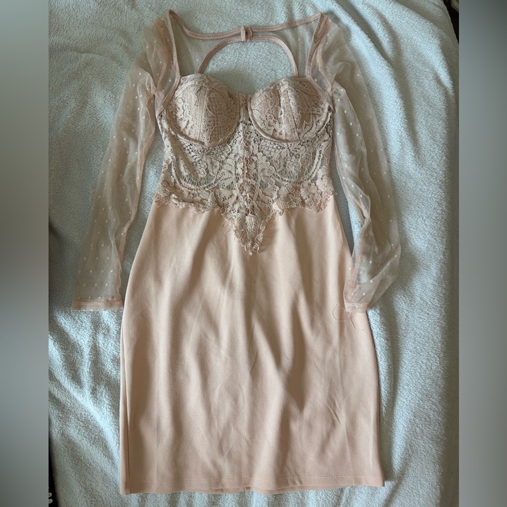 Light pink lacy mini dress with long mesh sleeves